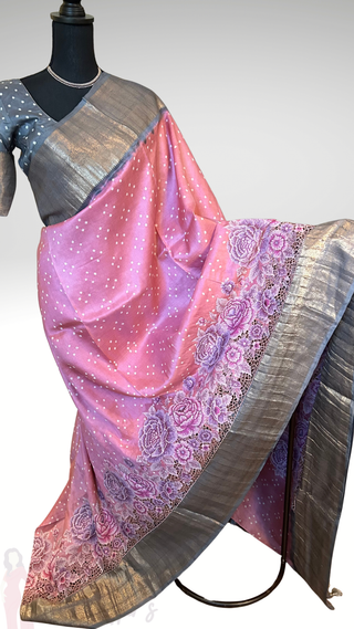 Pure Bandhej Kanjivaram pastel pink Embroidered Silk Saree pure silk saree silk finish with stitched blouse Partywear pooja wear ready to ship Saree USA