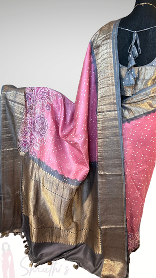 Pure Bandhej Kanjivaram pastel pink Embroidered Silk Saree pure silk saree silk finish with stitched blouse Partywear pooja wear ready to ship Saree USA