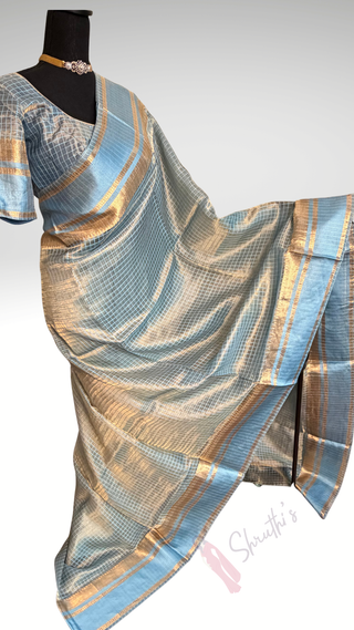 Pure Tissue Beneras pastel Ice Blue checks handwoven pure silk saree stitched blouse saree readymade online USA
