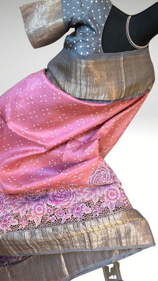 Pure Bandhej Kanjivaram pastel pink Embroidered Silk Saree pure silk saree silk finish with stitched blouse Partywear pooja wear ready to ship Saree USA