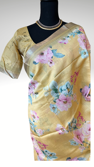 Printed Pastel Yellow  floral chinya  silk sarees with stitched blouse