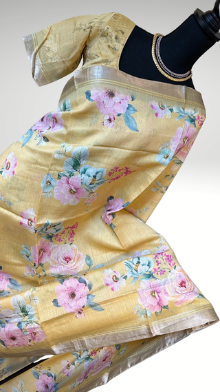 Printed Pastel Yellow  floral chinya  silk sarees with stitched blouse