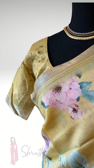 Printed Pastel Yellow  floral chinya  silk sarees with stitched blouse
