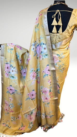 Printed Pastel Yellow  floral chinya  silk sarees with stitched blouse