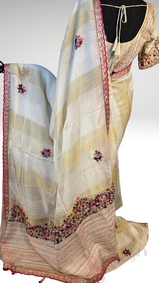 Pure Organza white Party wear handloom handwoven pure Embroidery  silk saree stitched blouse saree readymade online USA
