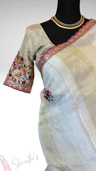Pure Organza white Party wear handloom handwoven pure Embroidery  silk saree stitched blouse saree readymade online USA