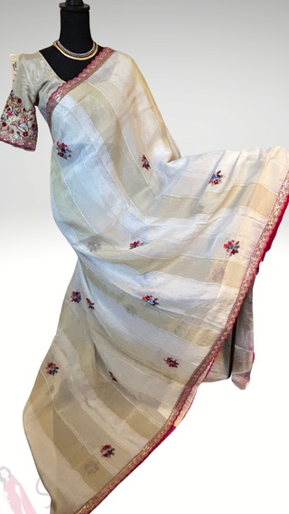 Pure Organza white Party wear handloom handwoven pure Embroidery  silk saree stitched blouse saree readymade online USA