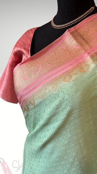 Handloom Pastel’s Georgette checks  Beneras silk saree with stitched blouse  online shopping Partywear