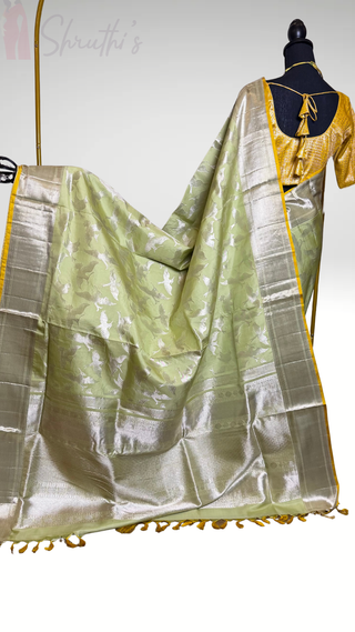 Pure Handloom Kanjivaram Pastel Green silk saree silver zari online stitched blouse hand embroidered blouse  one of a kind elegant easy drape twill silk saree online shopping