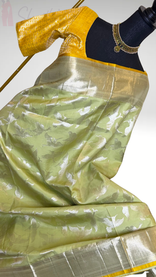 Pure Handloom Kanjivaram Pastel Green silk saree silver zari online stitched blouse hand embroidered blouse  one of a kind elegant easy drape twill silk saree online shopping