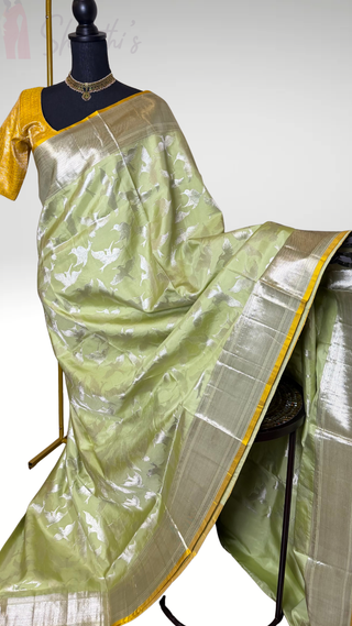 Pure Handloom Kanjivaram Pastel Green silk saree silver zari online stitched blouse hand embroidered blouse  one of a kind elegant easy drape twill silk saree online shopping