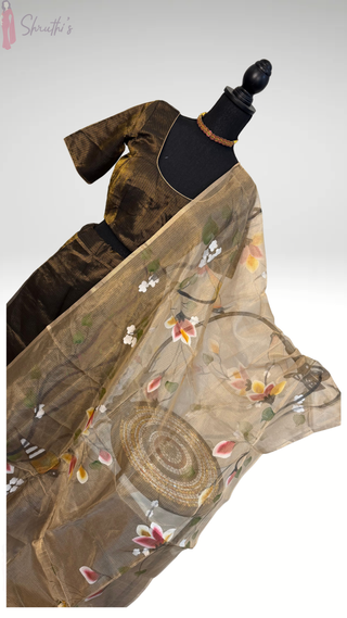 Gold Black tissue pure zari Kota lehenga with stitched blouse hand painted tissue Kota dupatta