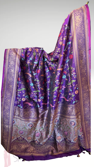 Purple Pure katan Benerasi silk saree with stitched  embroidered blouse online shopping usa