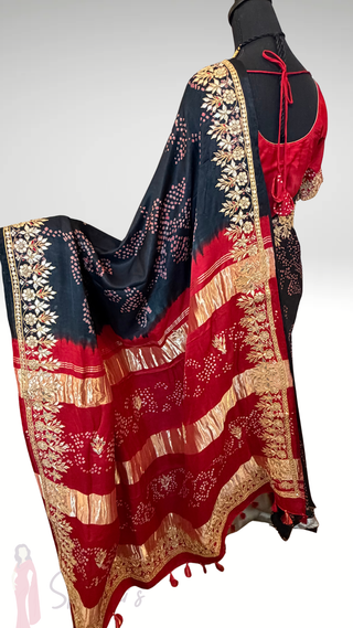 Pure Black Bandhej Gajji Silk Saree pure silk saree silk finish with stitched blouse Partywear pooja wear ready to ship Saree USA