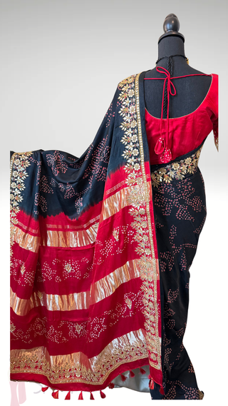 Pure Black Bandhej Gajji Silk Saree pure silk saree silk finish with stitched blouse Partywear pooja wear ready to ship Saree USA