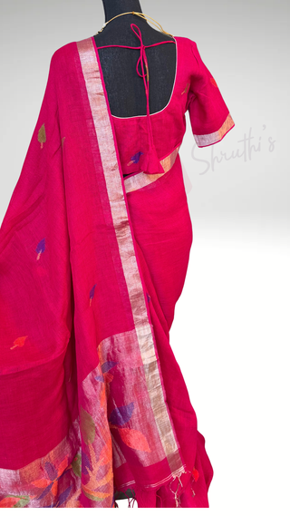 Handloom pure linen saree with Jamdhani  blouse pallu ready to wear blouse ships from Dallas partywear easy drape summer weaves