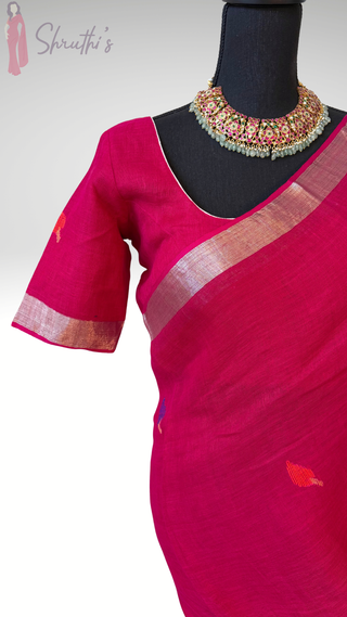 Handloom pure linen saree with Jamdhani  blouse pallu ready to wear blouse ships from Dallas partywear easy drape summer weaves