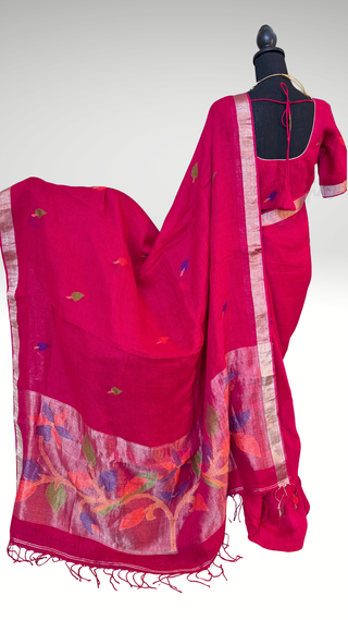 Handloom pure linen saree with Jamdhani  blouse pallu ready to wear blouse ships from Dallas partywear easy drape summer weaves