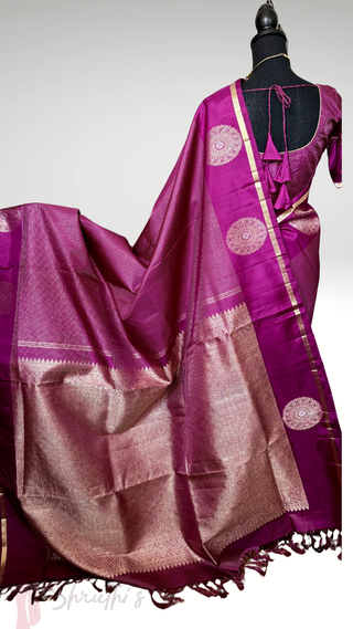 Dark Magenta  Handloom kanjivaram Beautiful muthu kattam kanchi pattu saree fine weave kanchi pattu bridal vintage revival