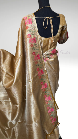 Bridal gold tissue zari silk brocade saree silk pure embroidered silk handwoven