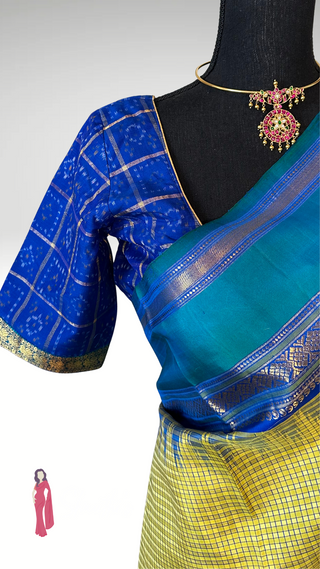 Vintage temple border Checks Kanjivaram Muthukattam Pure Zari Silk Saree Cardamom Green to Peacock Blue Gradient Muhurtam Wedding Saree with Ikat Readymade Blouse Online USA