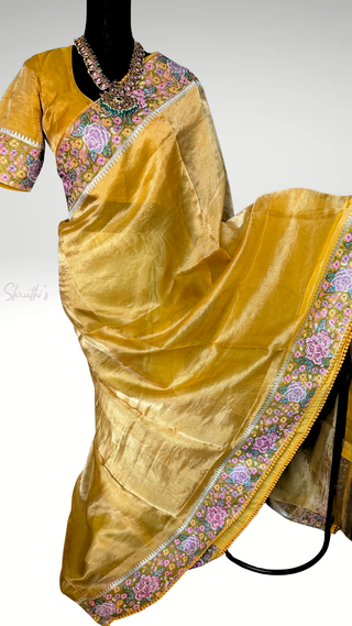 Pure Tissue Beneras yellow handwoven pure silk saree stitched blouse saree readymade online USA
