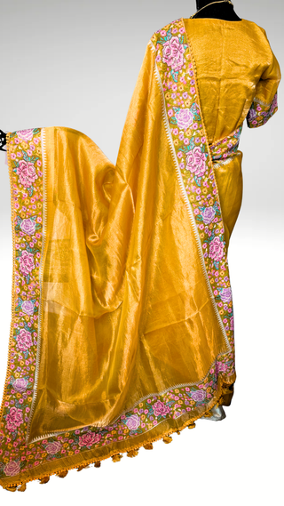 Pure Tissue Beneras yellow handwoven pure silk saree stitched blouse saree readymade online USA
