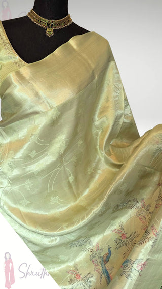 Brocade pastel green handloom  printed weave silver zari pure silk one of a kind easy drape saree