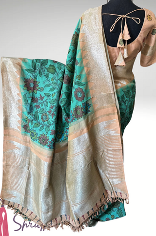 Turquiose Pen Kalamkari Kanchi pattu saree with silver zari pallu easy drape pure silk saree usa