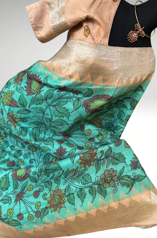 Turquiose Pen Kalamkari Kanchi pattu saree with silver zari pallu easy drape pure silk saree usa