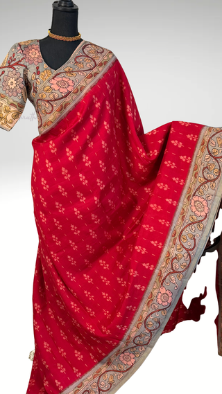 Pure pen kalamkari pure Handloom ikat silk pattu saree  Red pen kalamkari saree with blouse online usa Hand painted
