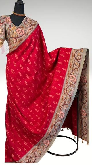 Pure pen kalamkari pure Handloom ikat silk pattu saree  Red pen kalamkari saree with blouse online usa Hand painted