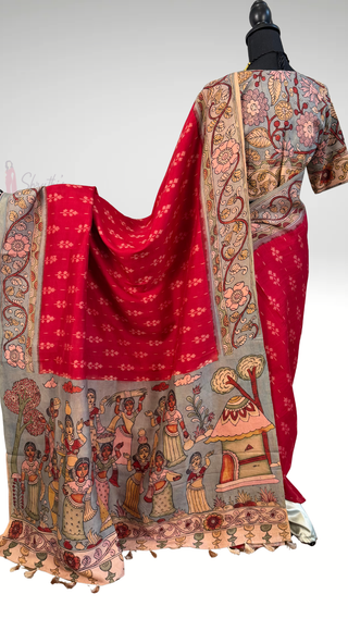 Pure pen kalamkari pure Handloom ikat silk pattu saree  Red pen kalamkari saree with blouse online usa Hand painted