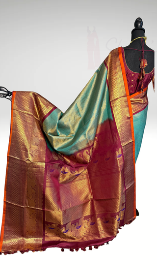 Pure Handloom Brocade Red to Gold Gadwal with stitched blouse silk saree gold zari silk saree