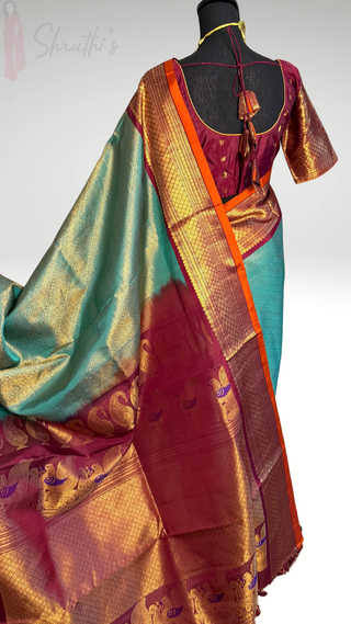 Pure Handloom Brocade Red to Gold Gadwal with stitched blouse silk saree gold zari silk saree