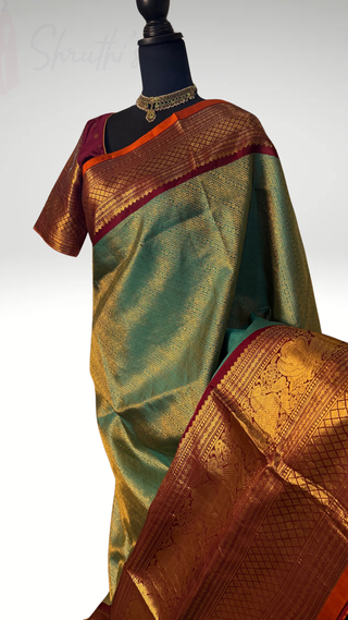 Pure Handloom Brocade Red to Gold Gadwal with stitched blouse silk saree gold zari silk saree