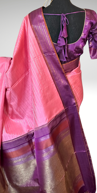 Pastel Pink Pure zari Hndwoven Brocade kanjivaram silver zari with stitched blouse Indian wedding silk saree