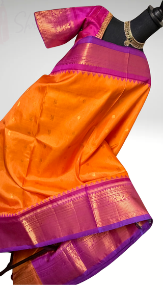 Mango Yellow pink butta Gadwal silk saree with stitched blouse