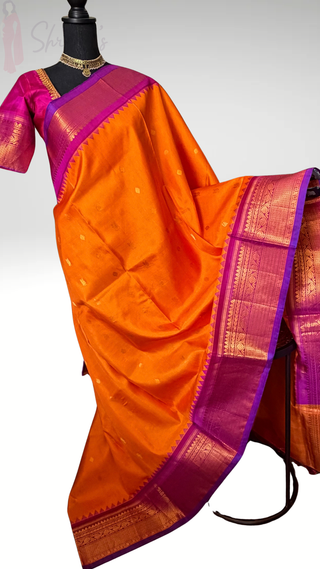 Mango Yellow pink butta Gadwal silk saree with stitched blouse