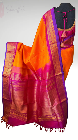 Mango Yellow pink butta Gadwal silk saree with stitched blouse