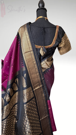 Dark magenta butta Gadwal silk saree with stitched blouse