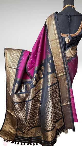 Dark magenta butta Gadwal silk saree with stitched blouse