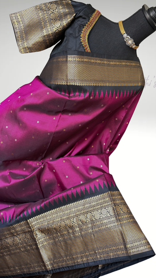 Dark magenta butta Gadwal silk saree with stitched blouse