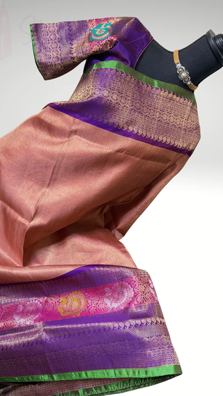 Salmon Pink Gold Brocade  Gadwal silk saree with stitched blouse turning borders exclusives