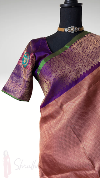 Salmon Pink Gold Brocade  Gadwal silk saree with stitched blouse turning borders exclusives