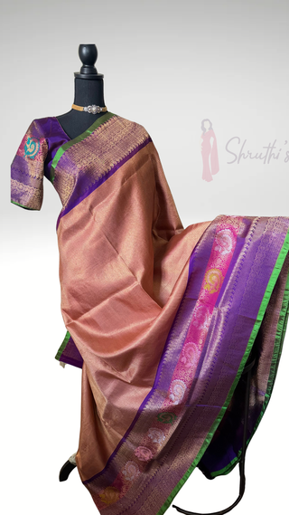 Salmon Pink Gold Brocade  Gadwal silk saree with stitched blouse turning borders exclusives