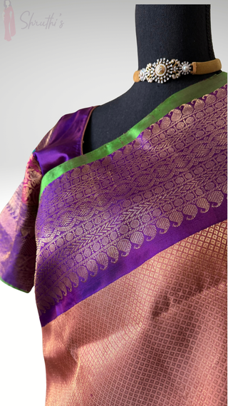 Salmon Pink Gold Brocade  Gadwal silk saree with stitched blouse turning borders exclusives