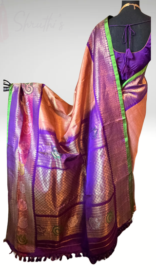 Salmon Pink Gold Brocade  Gadwal silk saree with stitched blouse turning borders exclusives