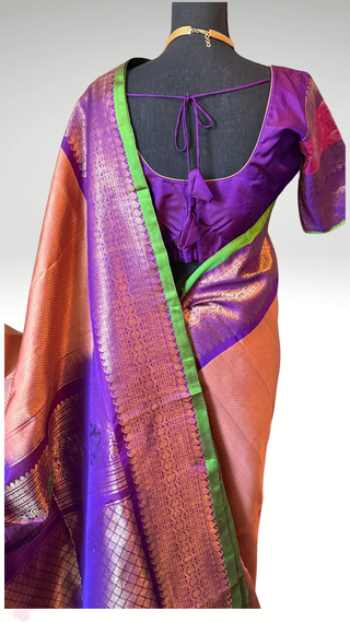 Salmon Pink Gold Brocade  Gadwal silk saree with stitched blouse turning borders exclusives
