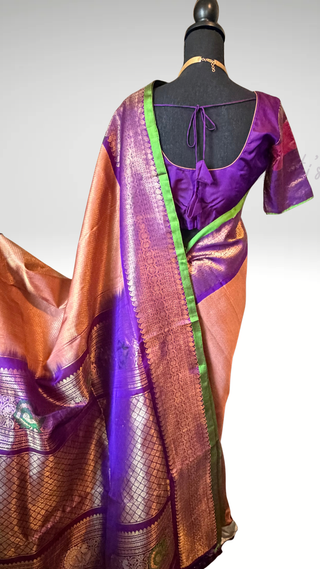 Salmon Pink Gold Brocade  Gadwal silk saree with stitched blouse turning borders exclusives